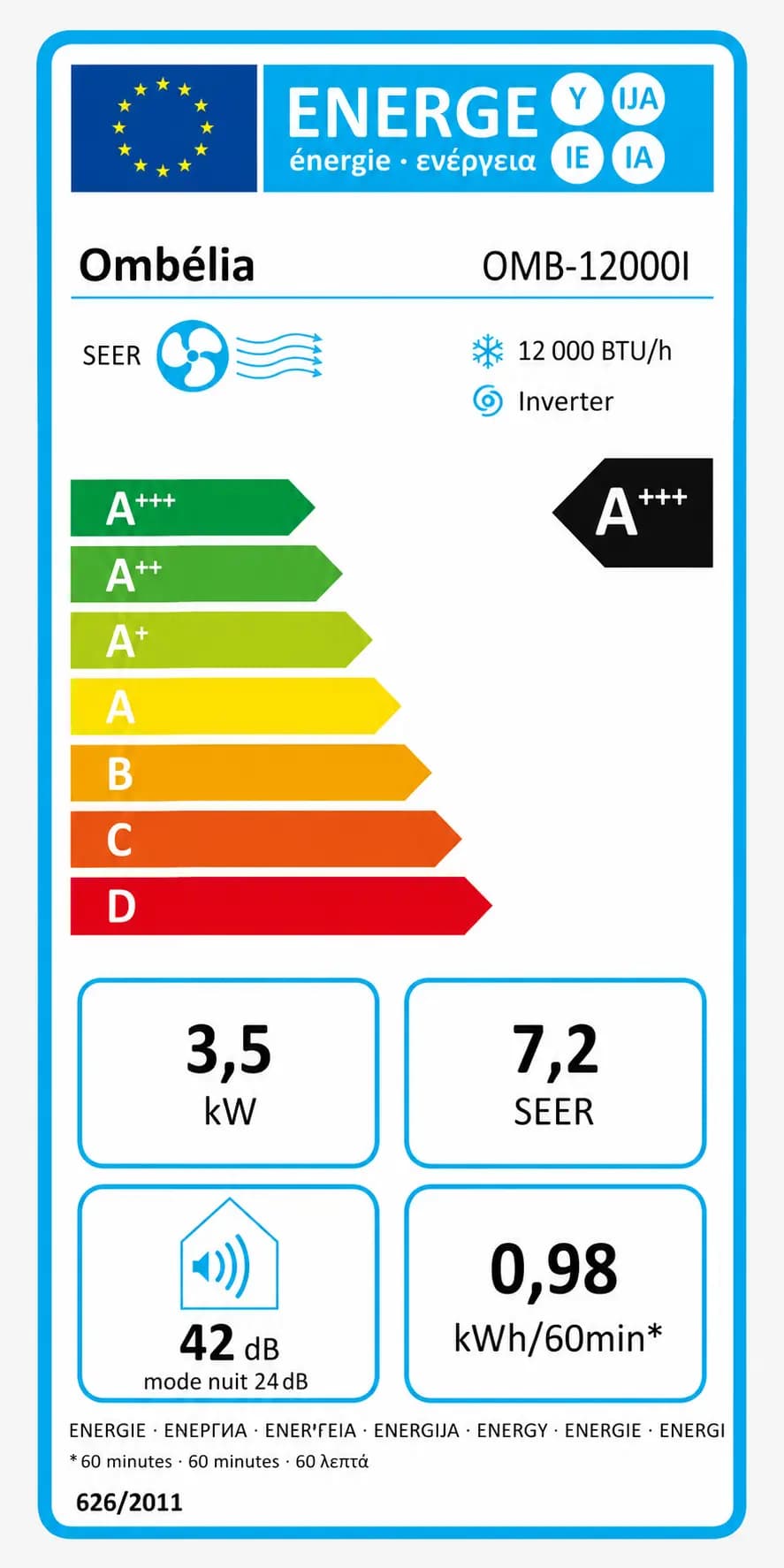 Étiquette énergie UE — Ombélia OMB-12000I : classe A+++, 3,5 kW, SEER 7,2, niveau sonore 42 dB (mode nuit 24 dB), 0,98 kWh par 60 minutes.